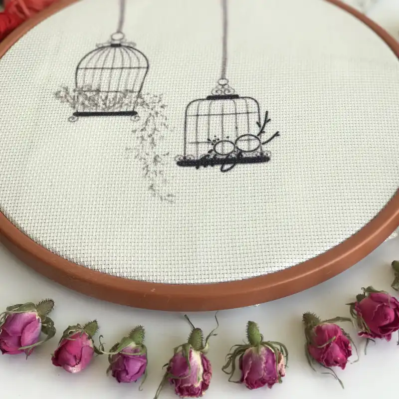 بسته آموزش گلدوزی مدل طرح قفس پرنده مجموعه 16 عددی