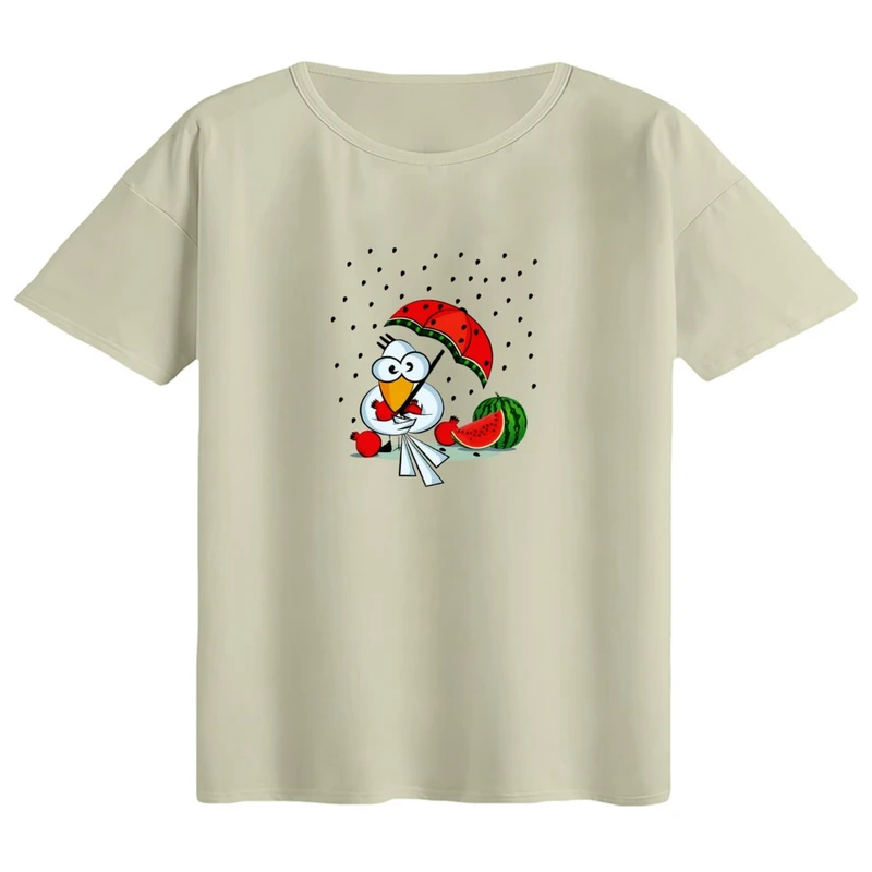 تی‌شرت اورسایز آستین کوتاه زنانه مدل باکسی طرح کلاغ و هندوانه یلدایی