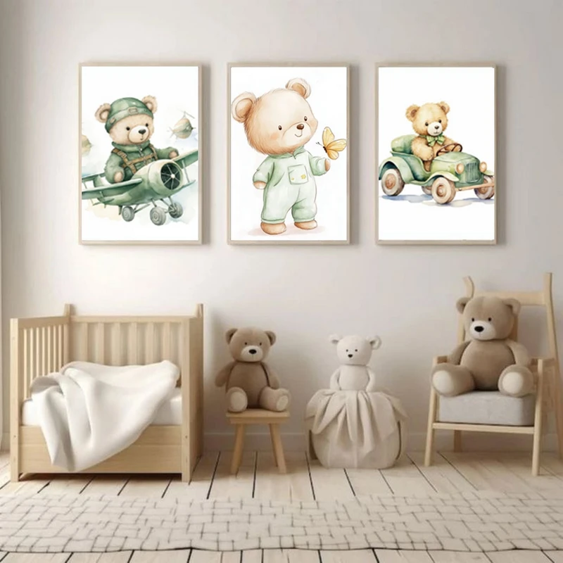 تابلو بکلیت طرح اتاق کودک و خرس مدل SI-MR-1019 فریم نقره ای مجموعه 3 عددی