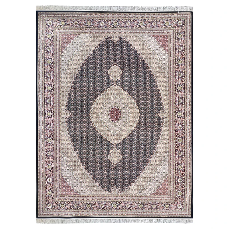 فرش ماشینی 700 شانه فرش مشهد زمینه سرمه‌ای حاشیه لاکی مدل 722834