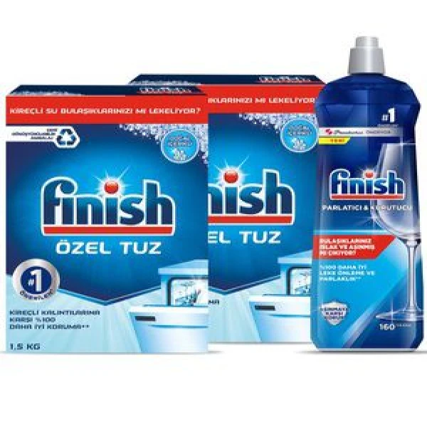 نمک ماشین ظرفشویی فینیش مدل uzal123 وزن 3000 گرم به همراه مایع جلا دهنده ظرفشویی فینیش مدل a01 حجم 800 میلی لیتر مجموعه 3 عددی
