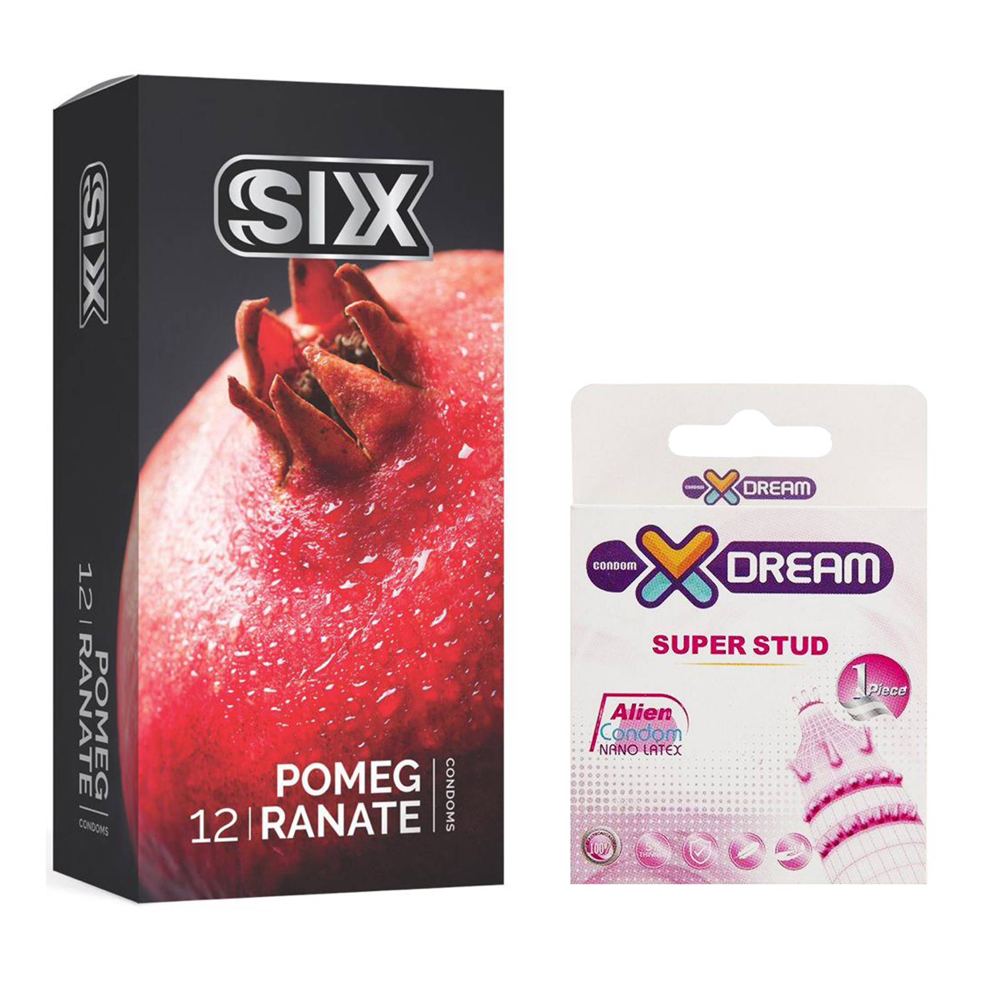 کاندوم سیکس مدل Pomegranate بسته ۱۲ عددی به همراه کاندوم ایکس دریم مدل Super Stud
