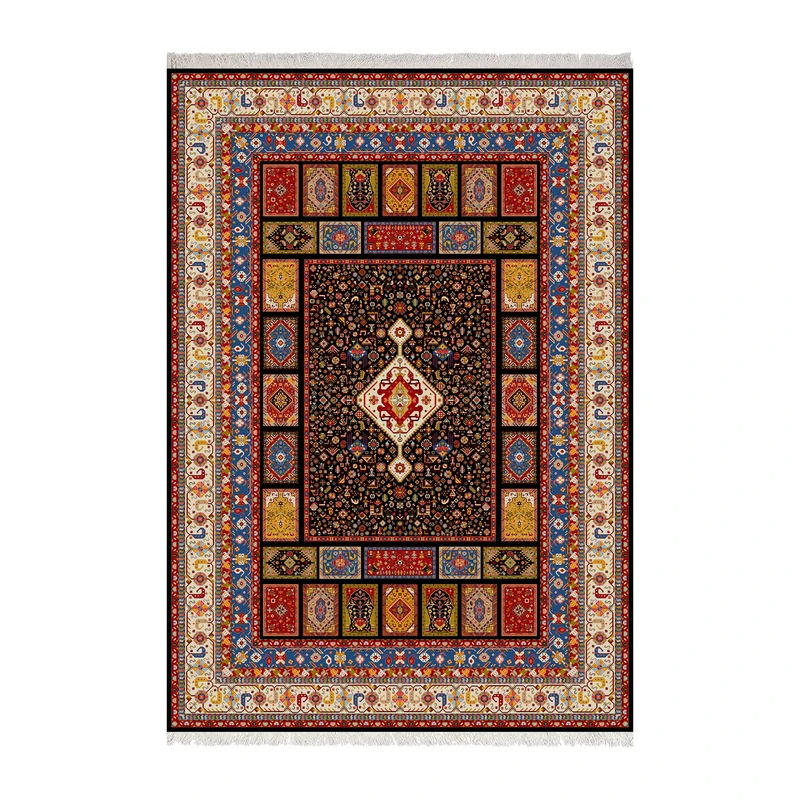 فرش ماشینی 1000 شانه زانیس زمینه سرمه‌ای حاشیه کرم مدل چاپی