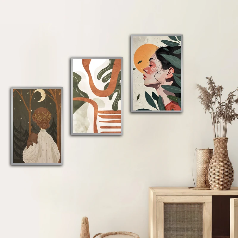 تابلو بکلیت طرح نقاشی مینیمال و چهره مدل SI-3299 فریم نقره ای مجموعه 3 عددی