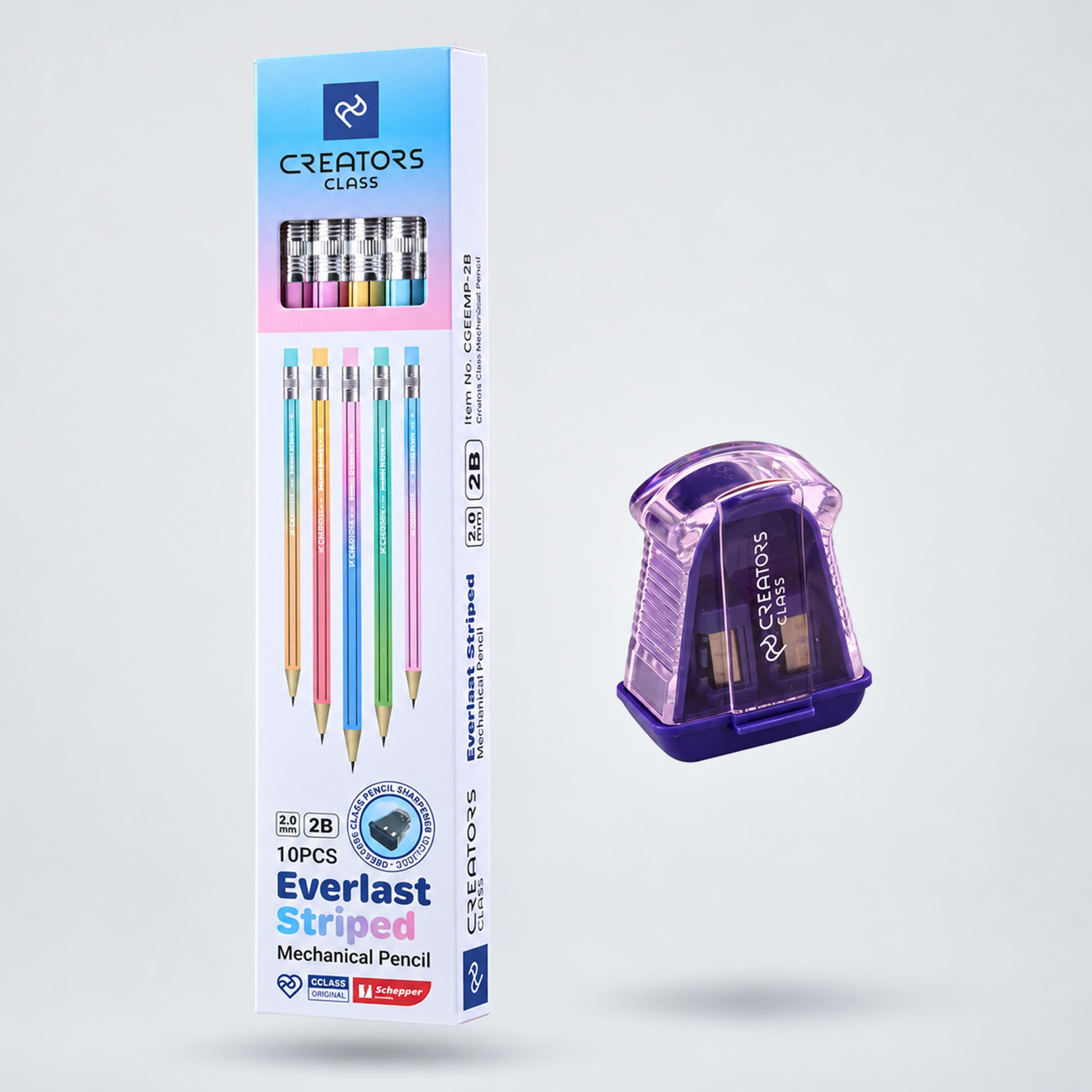 مداد نوکی 2 میلی متری کریتورز کلاس مدل Striped به همراه تراش مجموعه 11 عددی