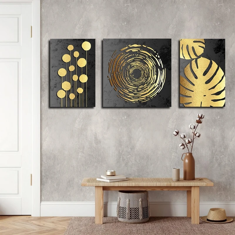 تابلو شاسی بکلیت طرح برگ انجیری طلایی مدل SH-2475 مجموعه 3 عددی