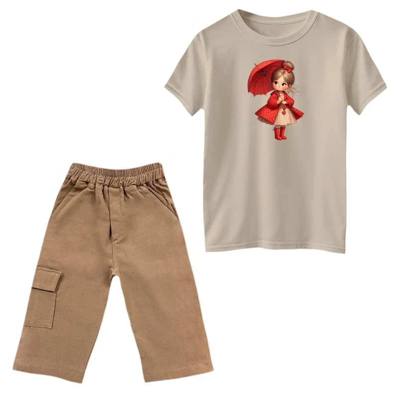 ست تی‌شرت و شلوارک دخترانه مدل دخترک و چتر رنگ کرم 