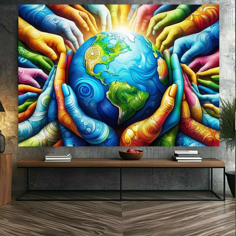 تابلو بوم طرح مخمل کره زمین مدل همیاری انسان کد BK23364