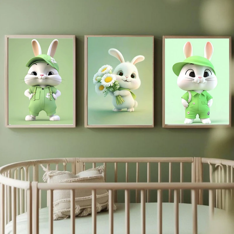 تابلو بکلیت دکوراتیو طرح اتاق کودک و خرگوش کوچولو مینیمال مدل SI-MR-1027 مجموعه 3 عددی فریم نقره ای