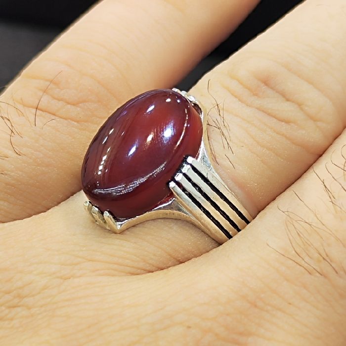 انگشتر نقره مردانه مدل سنگ عقیق رضوی کد 7400 -  - 5