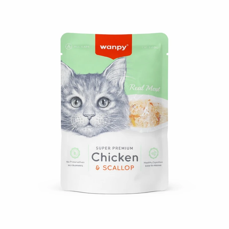 پوچ گربه بالغ ونپی مدل Super Premium Chicken & Scallop  طعم مرغ وزن 85 گرم