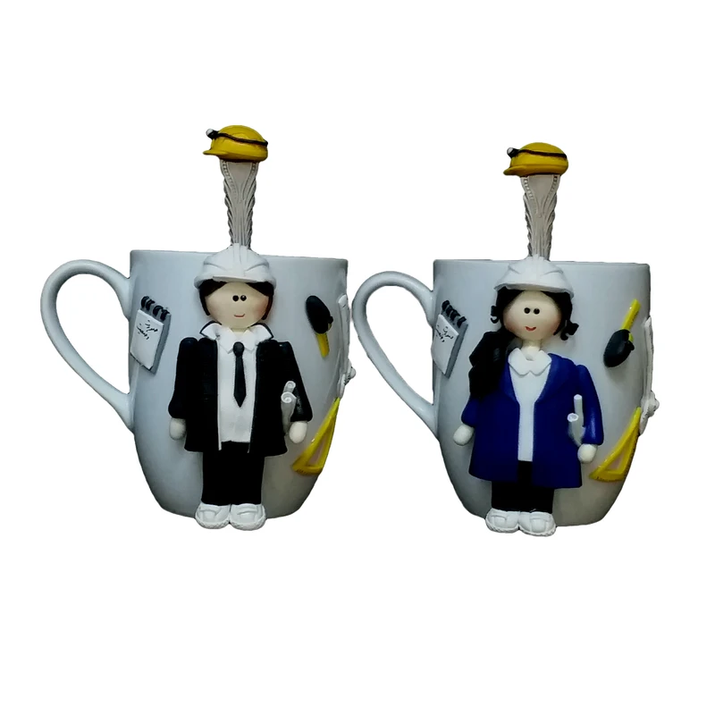 ماگ سرامیکی مدل مهندس معمار دختر و پسر کد 03004 مجموعه 2 عددی به همراه قاشق