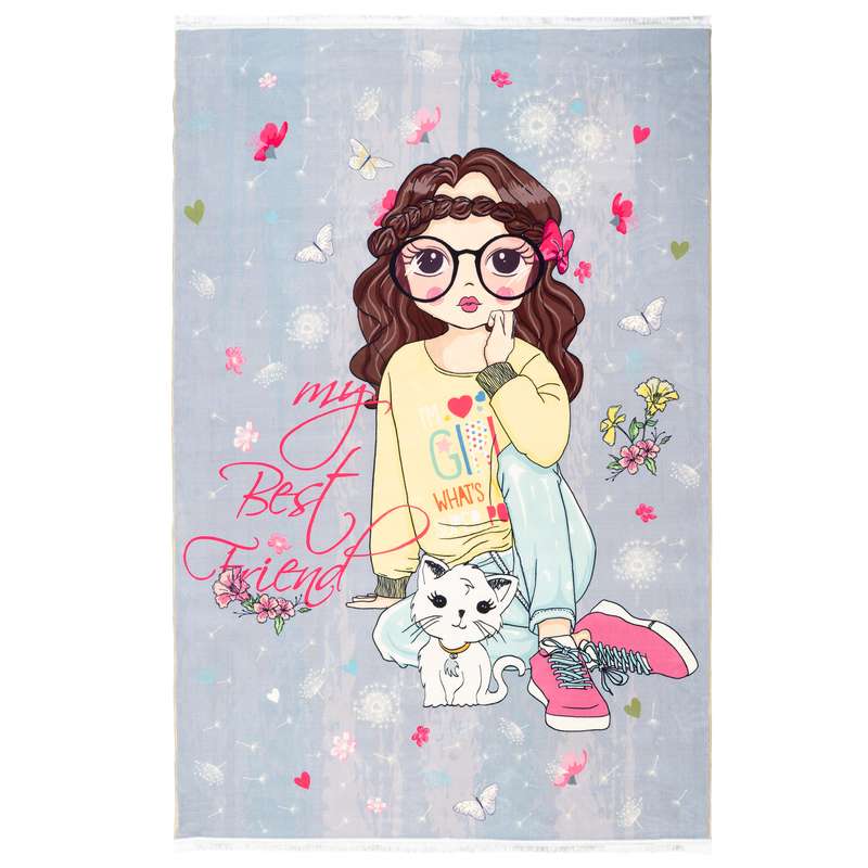 فرش ماشینی محتشم طرح کودک مدل دختر و گربه کد 101234