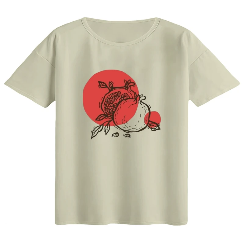 تی‌شرت  اورسایز آستین کوتاه زنانه مدل باکسی طرح انار یلدایی کد14 رنگ کرم 