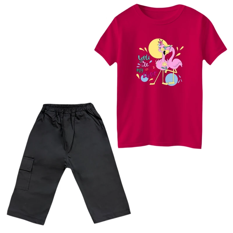 ست تی‌شرت و شلوارک دخترانه مدل فلامینگو رنگ سرخابی 