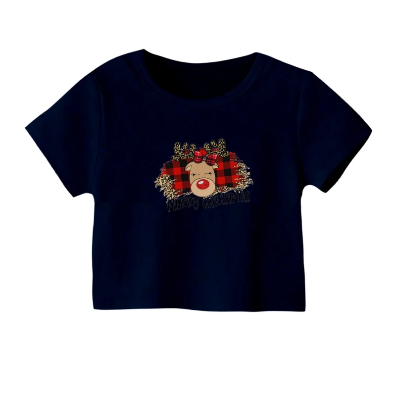 کراپ‌ تی‌شرت آستین کوتاه زنانه مدل گوزن کریسمس کد 7