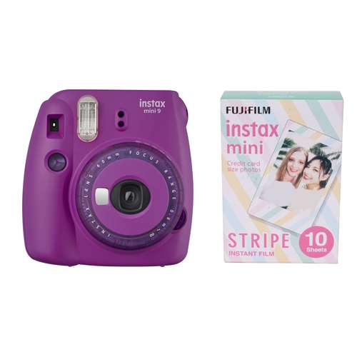 دوربین عکاسی چاپ سریع فوجی فیلم مدل Instax Mini 9 Clear به همراه یک بسته فیلم مدل instax mini STRIPE بسته ۱۰ عددی