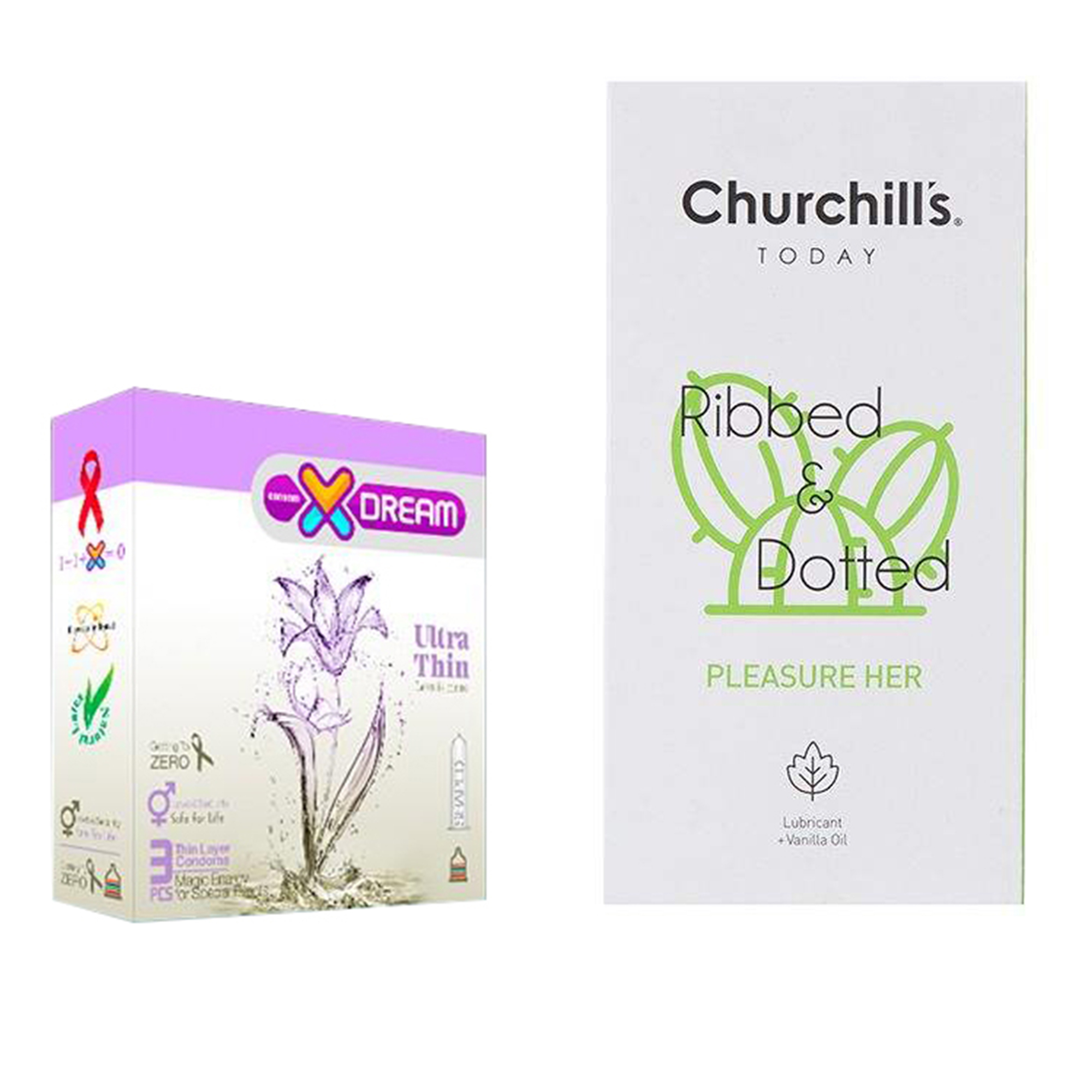 کاندوم چرچیلز مدل Pleasure Her بسته 12 عددی به همراه کاندوم ایکس دریم مدل Ultra Thin بسته 3 عددی