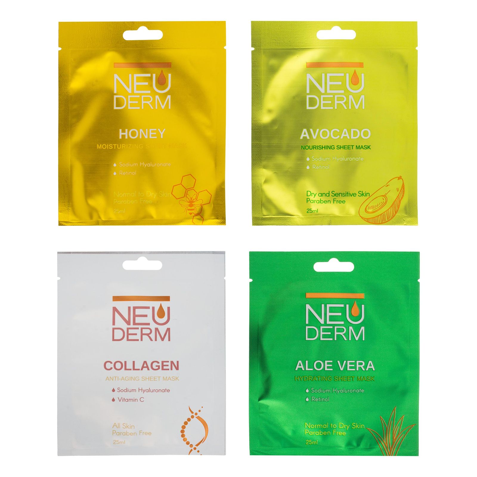 ماسک صورت نئودرم مدل عسل، آلوئه ورا، کلاژن و آووکادو مناسب برای پوست خشک و حساس حجم 25 میلی لیتر بسته 4 عددی -  - 1