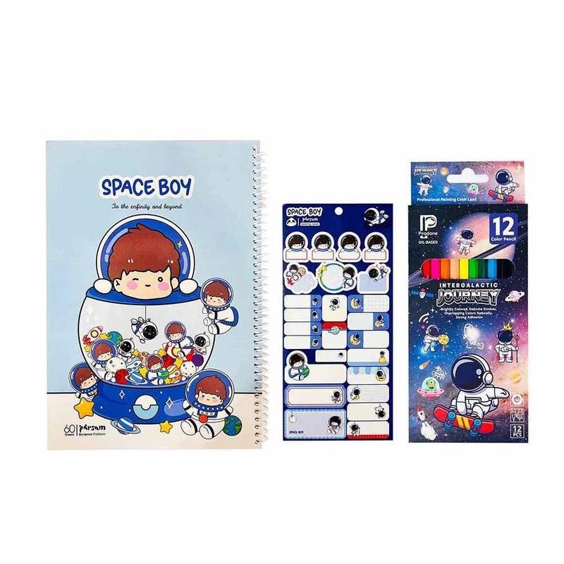دفتر 60 برگ مدل پسر فضانورد به همراه مداد رنگی و برچسب