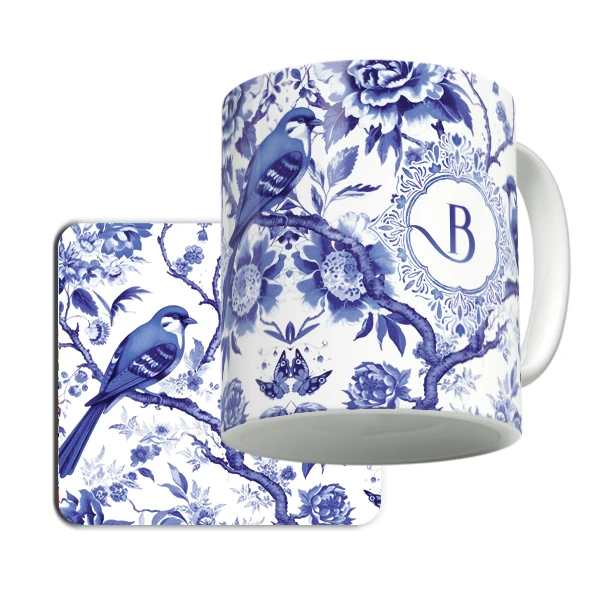 ماگ لاژید مدل حرف B طرح نقاشی آبرنگ به همراه زیرلیوانی