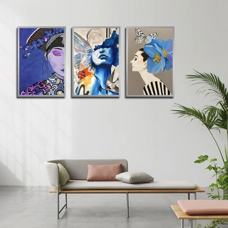 تابلو بکلیت طرح دکوراتیو نقاشی چهره و پروانه مدل SI-3680 فریم نقره ای مجموعه 3 عددی