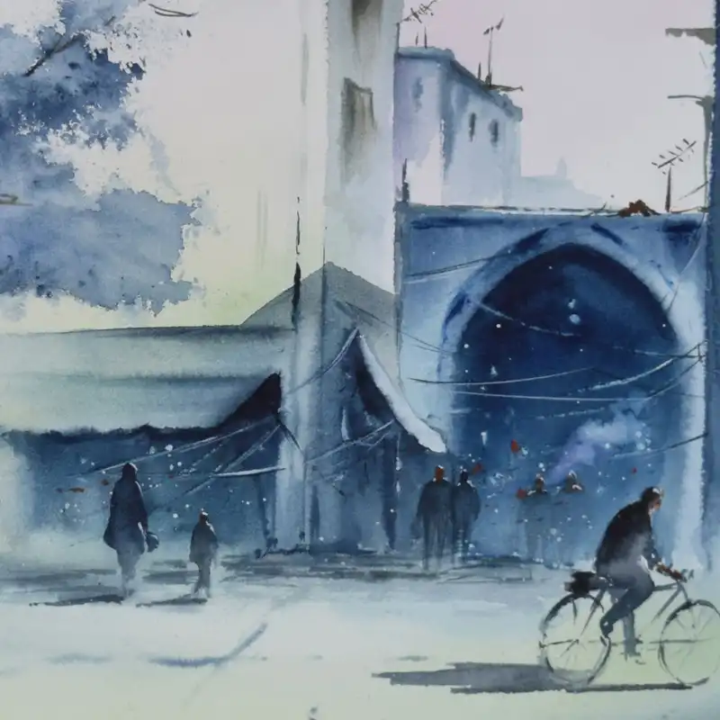 نقاشی آبرنگ طرح کوچه و خیابان کد 033