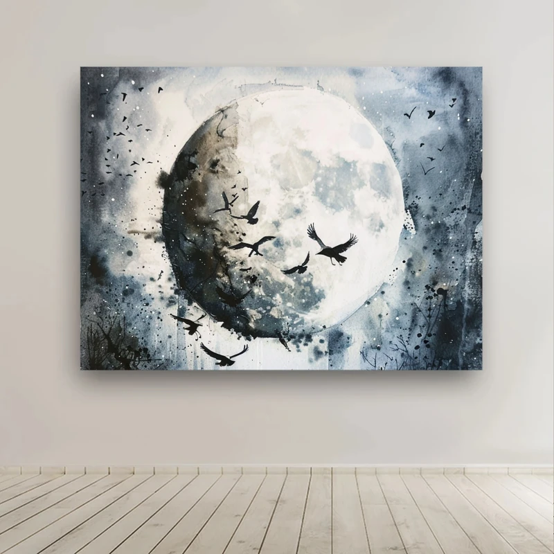 پوستر پارچه ای طرح مخمل نقاشی ماه مدل کلاغ کد BK24461