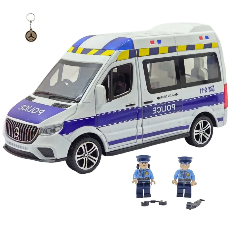 ماکت ماشین ناب سل مدل بنز ون پلیس فلزی موزیکال چراغدار درب کشویی به همراه پلیس و دستبند و کلت با جاسوییچی 