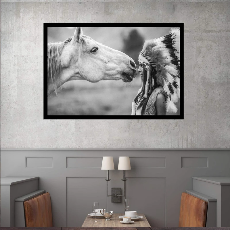 تابلو بکلیت طرح دختر سرخ پوست و اسب سفید مدل قاب شاسی B-s7718