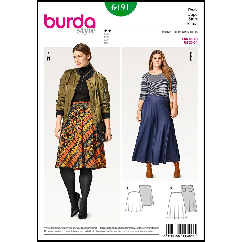 الگو خیاطی دامن زنانه بوردا استایل کد 6491 سایز 46 تا 60 متد مولر