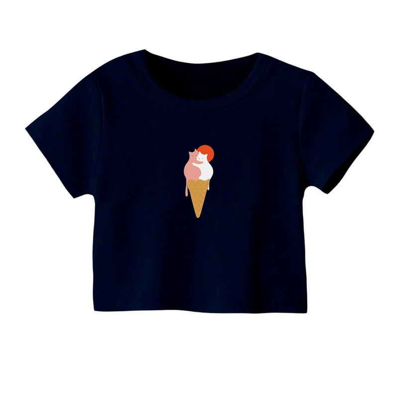 کراپ‌ تی‌شرت آستین کوتاه زنانه مدل بستنی گربه ای