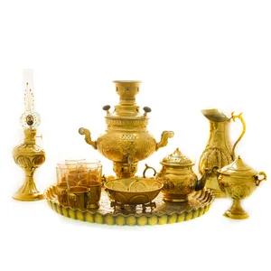 سرویس سماور ذغالی 13 پارچه برنجی مدل عدسی ترک دار کد 4572