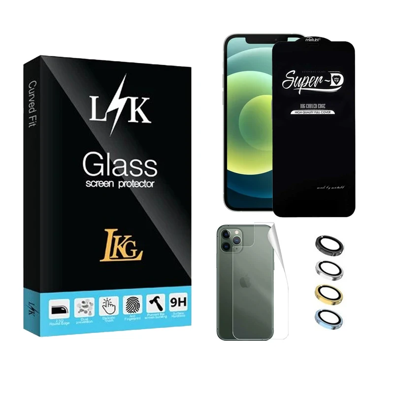 محافظ صفحه نمایش ال کا جی مدل سوپر دی مناسب برای گوشی موبایل اپل iPhone 12 Pro به همراه محافظ پشت گوشی و محافظ لنز