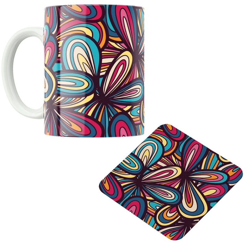 ماگ پاد آفرین مدل گل های فانتزی رنگارنگ کد DKC619 به همراه زیر لیوانی