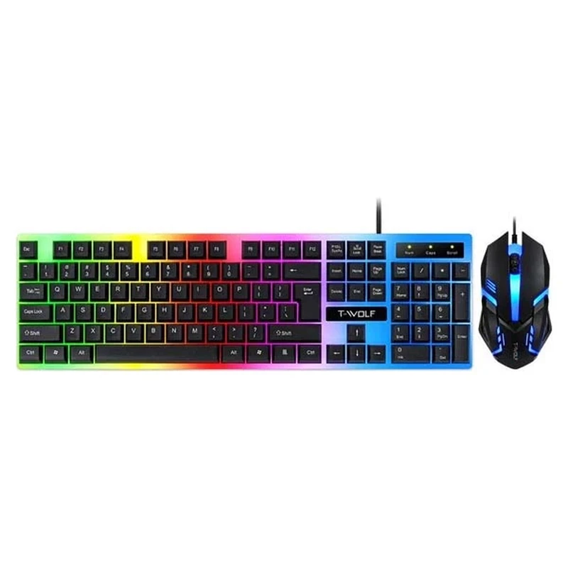 کیبورد و موس مخصوص بازی تی ولف مدل TF230، سوییچ ممبران، Full size، نورپردازی LED RGB 