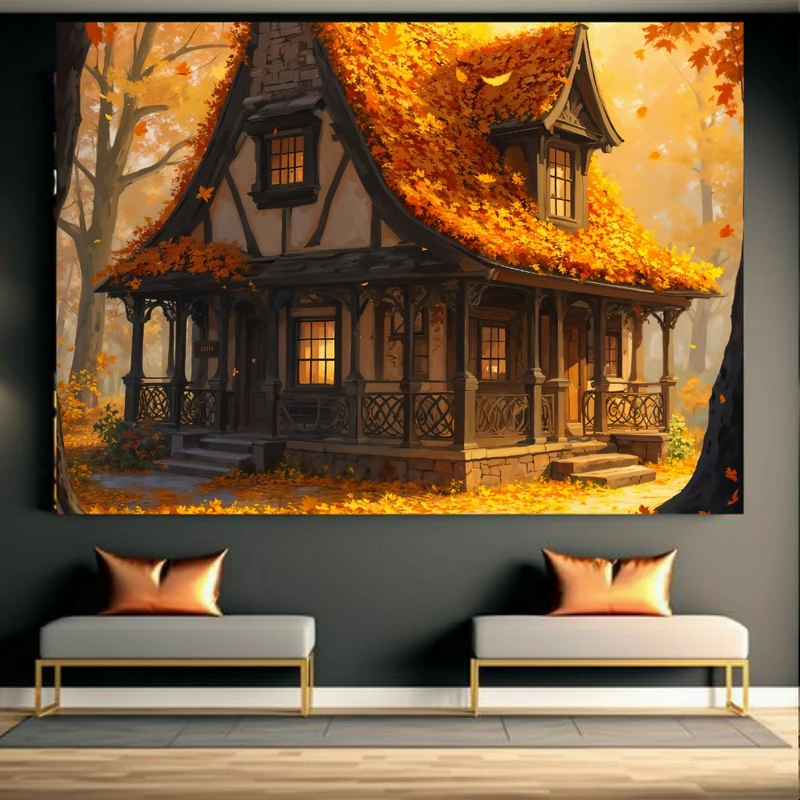 تابلو بوم طرح مخمل نقاشی خانه پر از برگ پائیزی کد GR1104