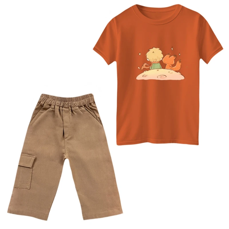 ست تی‌شرت و شلوارک پسرانه مدل شازده کوچولو و روباه کد 7 رنگ نارنجی