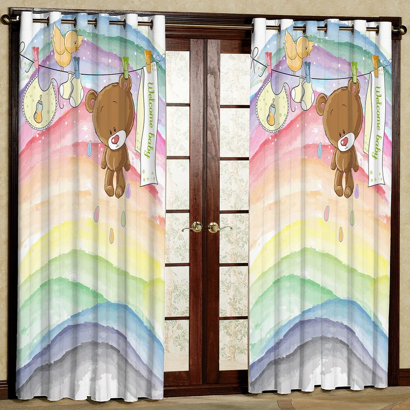پرده مدل خرس و رنگین کمان مخمل پانچی کد 1003 سایز 140x280 سانتی متر