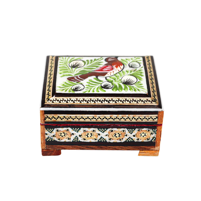 جا سکه ای خاتم کاری مدل لولادار طرح گل و مرغ برجسته کد 7p6Gr1f2