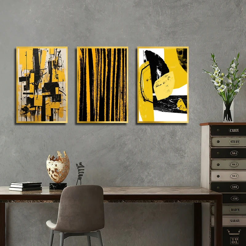 تابلو بکلیت طرح مدرن نقاشی انتزاعی مدل T-3521 فریم طلایی مجموعه 3 عددی