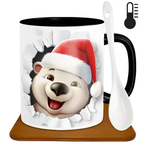 ماگ حرارتی طرح خرس کریسمس مدل H1023 به همراه زیر لیوانی و قاشق