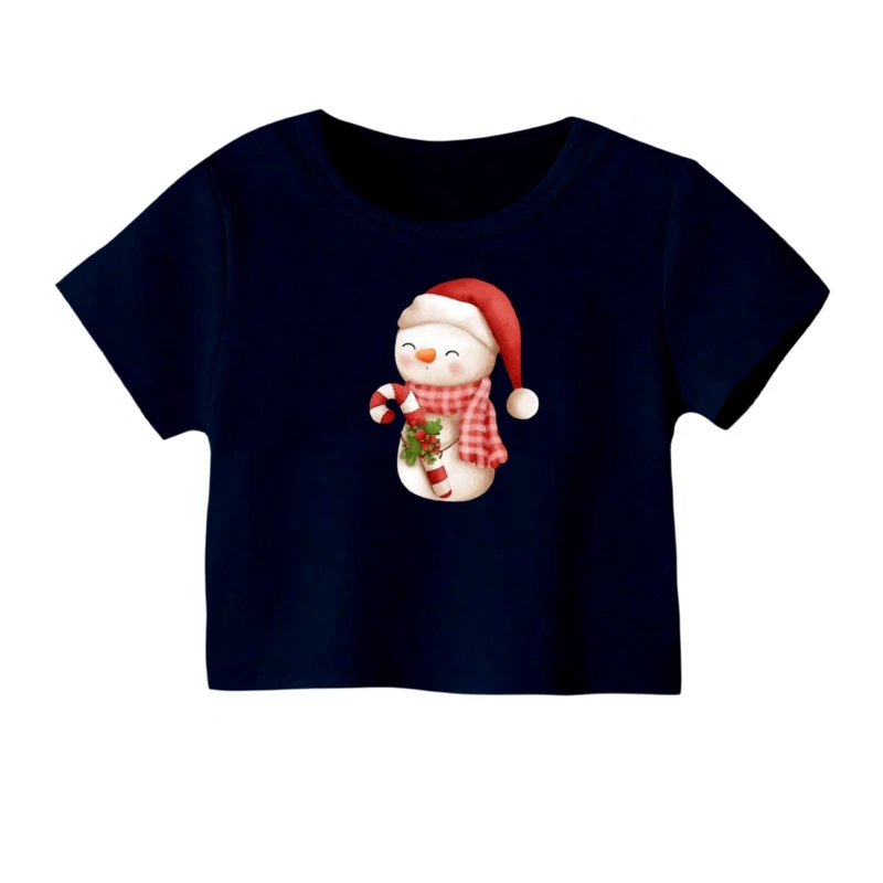 کراپ‌ تی‌شرت آستین کوتاه زنانه مدل آدم برفی کریسمس کد 3