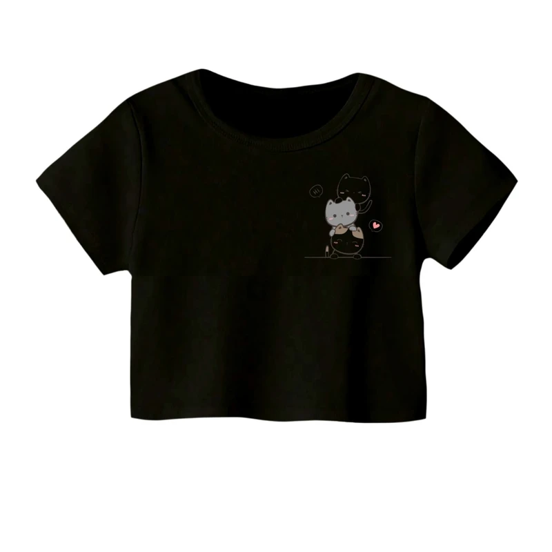 کراپ‌ تی‌شرت آستین کوتاه زنانه مدل گربه کوچک
