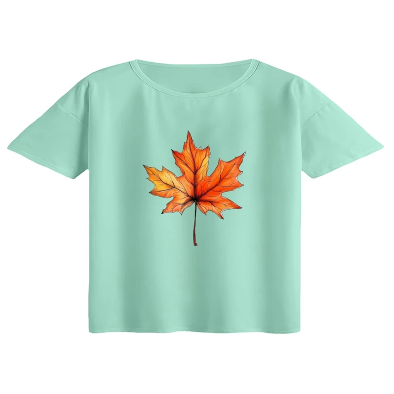 کراپ تی‌شرت آستین کوتاه زنانه مدل برگ پاییز