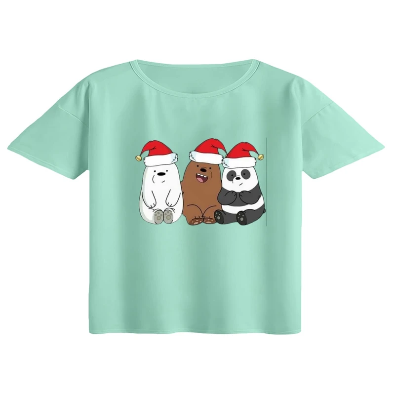 کراپ تی‌شرت آستین کوتاه زنانه مدل خرس کریسمس کد 8