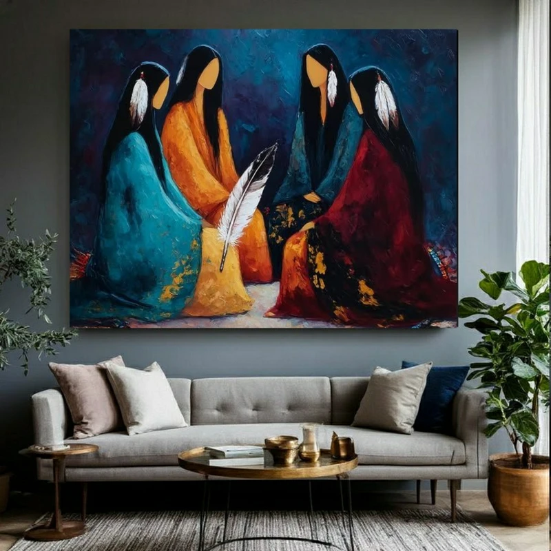 تابلو بوم طرح مخمل بانوان و پر مدل سرخپوستان بومی کد PY500