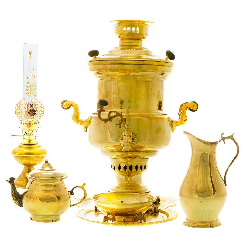 سرویس سماور ذغالی 6 پارچه برنجی مدل استوانه ای کد S_4186