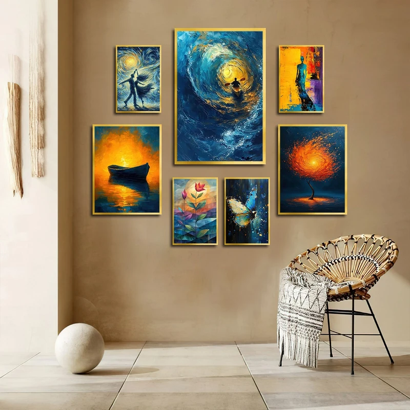 تابلو بکلیت طرح نقاشی رنگ روغن دریا و قایق مدل T-3086 مجموعه 7 عددی