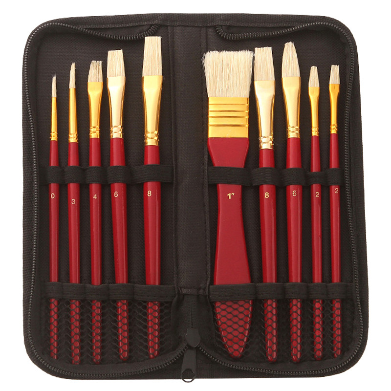 ست قلمو مو طبیعی مدل کیف دار کد Hog Bristle مجموعه 10 عددی